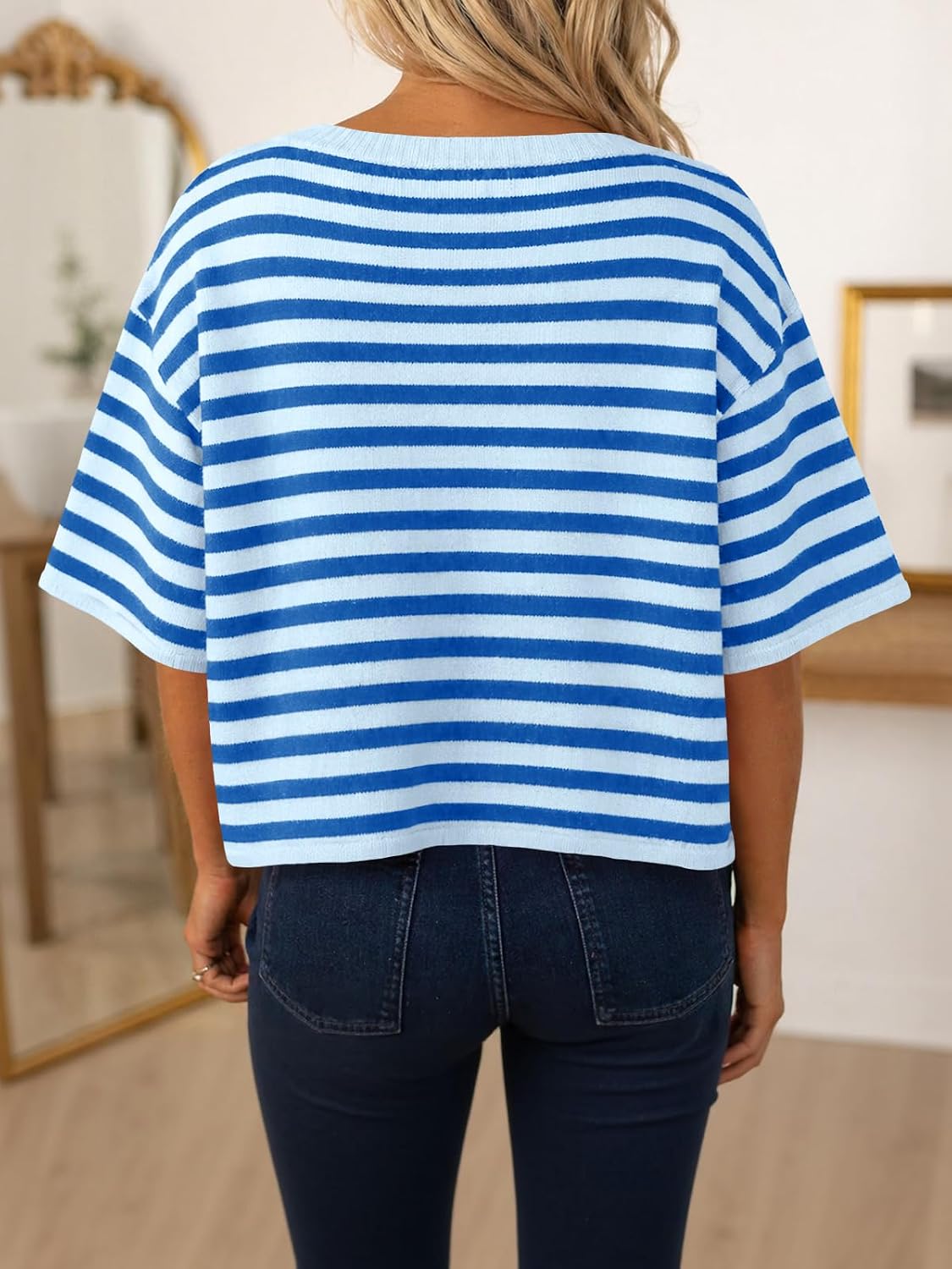 Saodimallsu Womens Short Sleeve Cardigan Cropped Striped Button Down Oversized Lightweight Knit Summer Sweater Tops