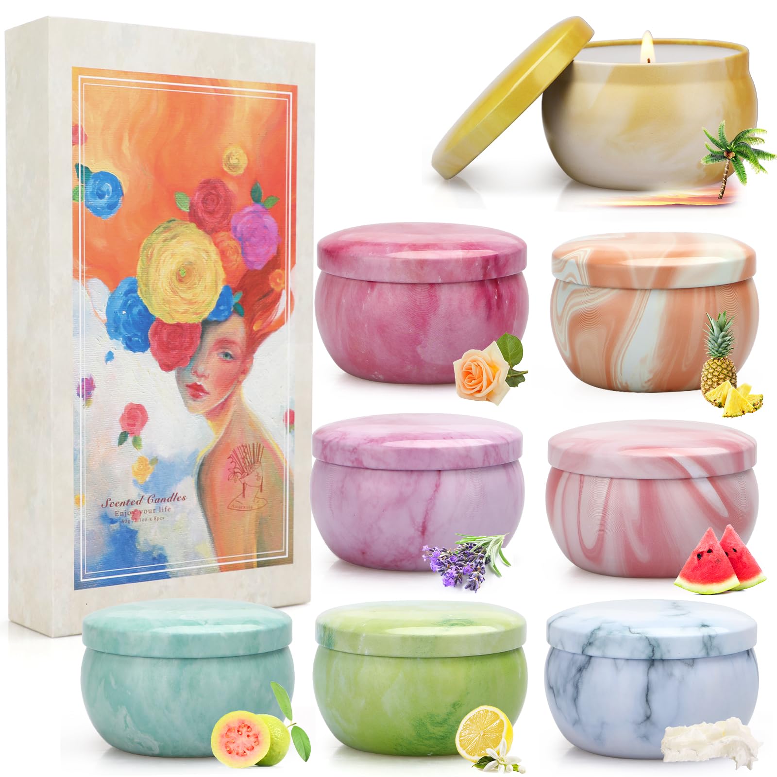 Yming Velas Perfumadas Juego de 8 Piezas, Velas Aromaticas Decorativas, Cera de Soja Natural, Regalos Originales para Mujer, para Boda Baño Yoga Cumpleaños Navidad Día de San Valentín Regalos