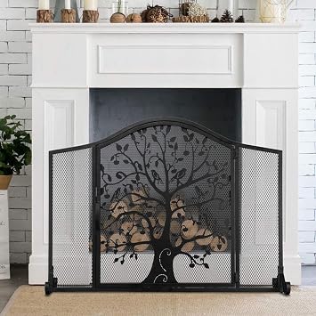 Fireplace Screen Fire Spark Guard Fireplace Screen Single Panel Fireplace Guard with Door, Handcrafted Metal Fireplace Cover, Indoor Safe Spark Protector Firescreen, Tree of Life Furnace Fireguard