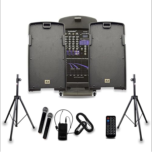 MUSYSIC PA Speaker System with 2000W Amp & Wireless UHF Microphone System-Rechargable pa System and 5 Ch Mixer wtih Power Amplifier for PA Systems- DJ & Portable Sound System-Bluetooth speaker-10
