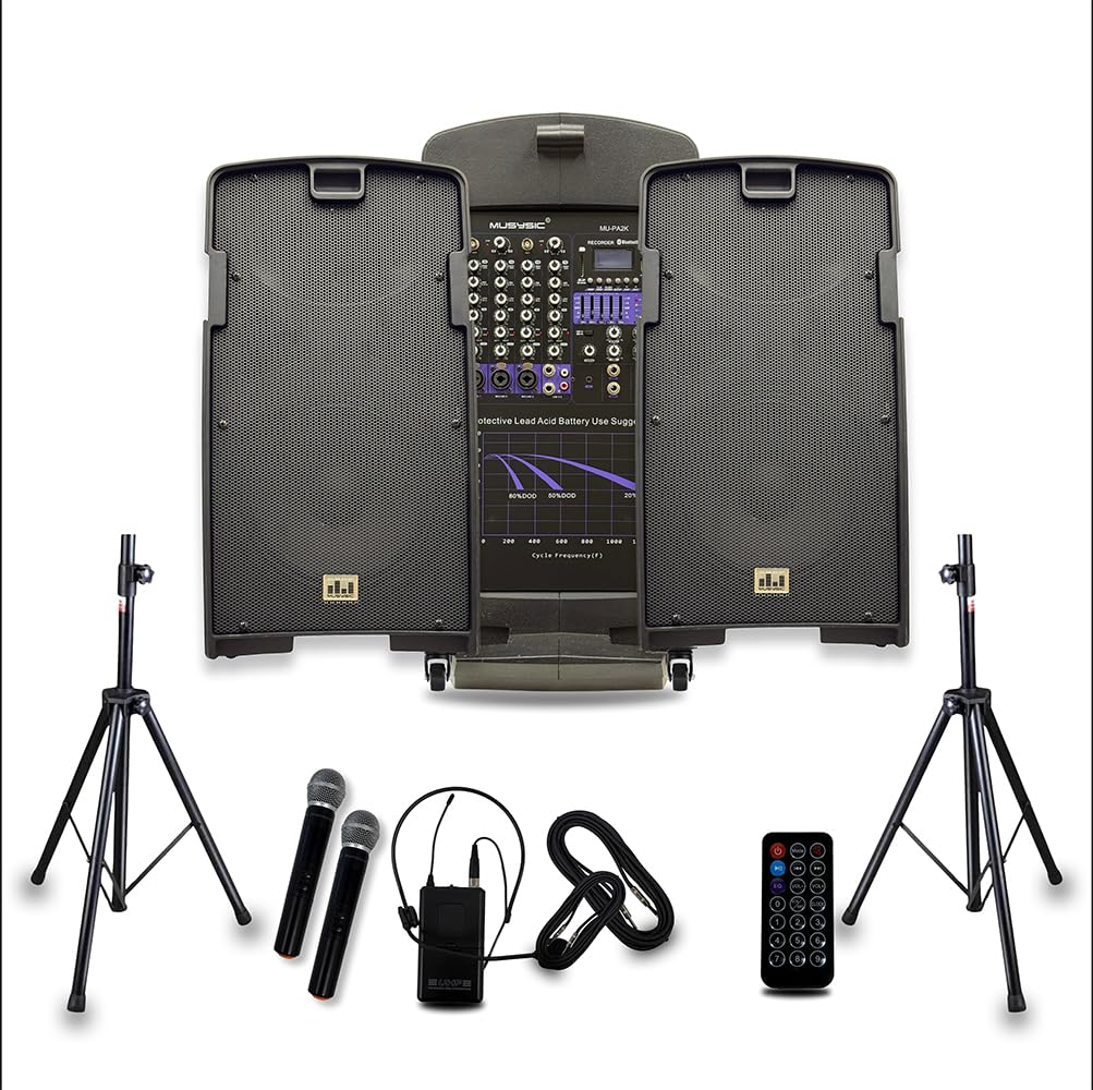 MUSYSIC PA Speaker System with 2000W Amp & Wireless UHF Microphone System-Rechargable pa System and 5 Ch Mixer wtih Power Amplifier for PA Systems- DJ & Portable Sound System-Bluetooth speaker-10