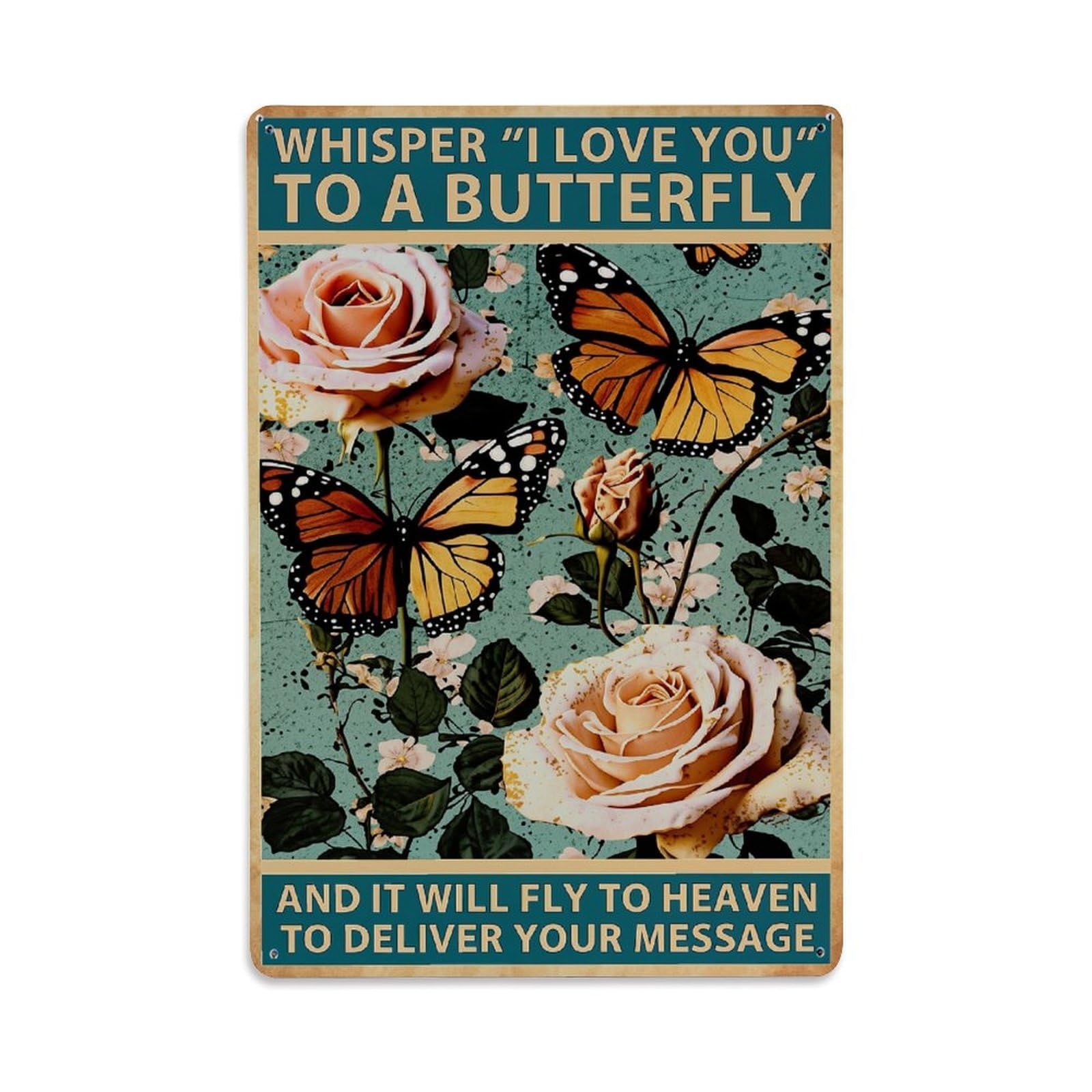 Bliveurn Vintage Butterflies And Roses Floral Pattern Retro Metal Tin Sign, Metal Poster For Home, Gaming Room, Studio Workshop,Bar,Garage Wall Art Decor 8X12 Inch