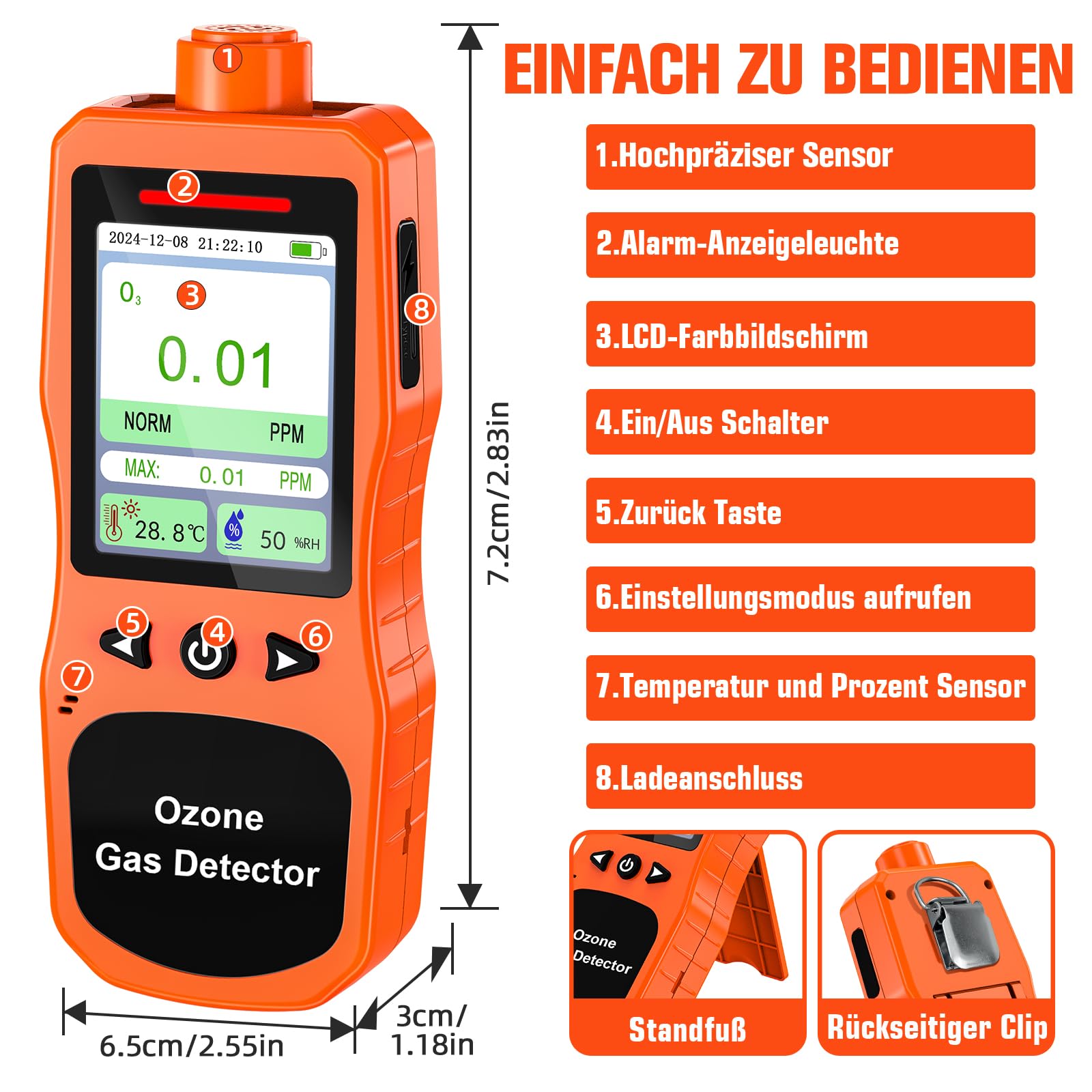 Tragbarer Ozondetektor, 0-20PPM Ozonmessgerät mit 0,01 PPM hoher Auflösung, Ozonanalysator mit Alarmfunktion, O3 Luftqualitätsmessgerät mit Temperatur und Feuchtigkeitsprüfer, Orange
