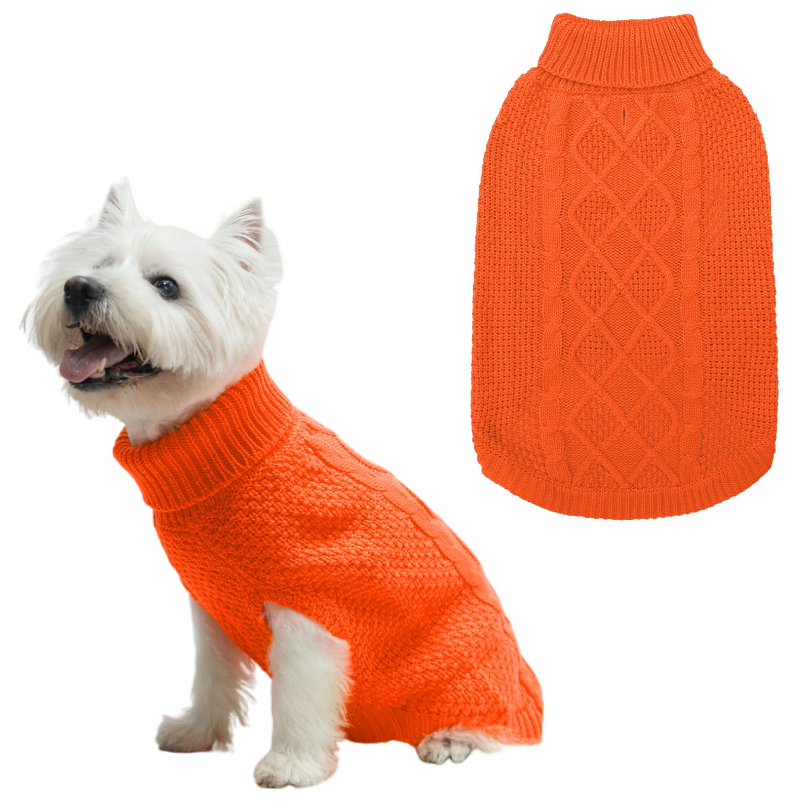 Mihachi Turtleneck Dog Sweater - Winter Coat Apparel Classic Cable Knit Clothes with Leash Hole for Cold Weather, Ideal Gift for Pet in New Year Orange X-Small