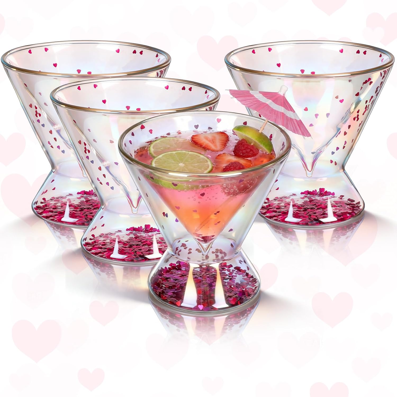 Stemless Martini Glasses Set of 4, 7 oz Double Wall Insulated Cocktail Glass Set Iridescent Glassware Tumbler with Glitter Hearts, for Margarita, Manhattan, Cosmopolitan, Home Bar, Parties