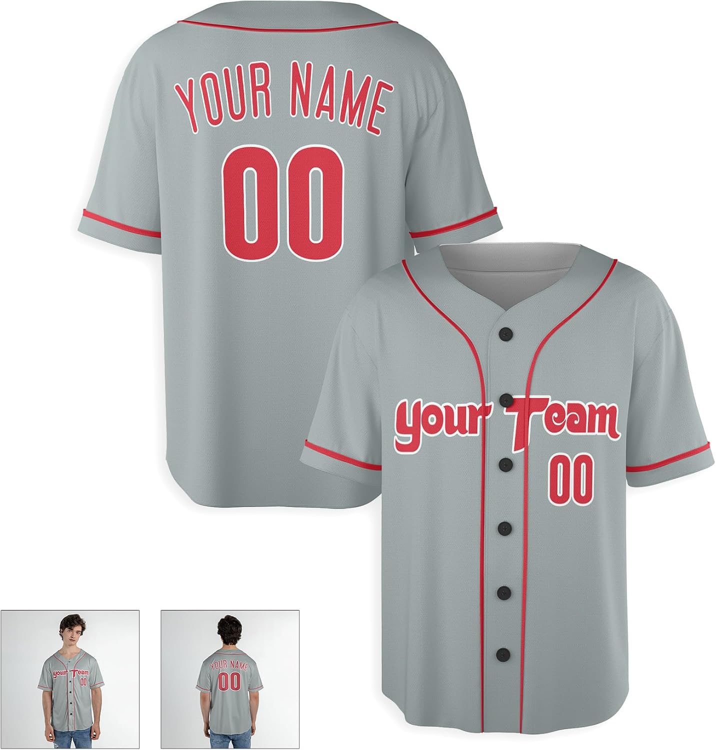 Custom Baseball Jersey with Red Trim for Men, Women, Youth, Toddlers & Infants - Add Your Name & Number - Piping & No Piping Options