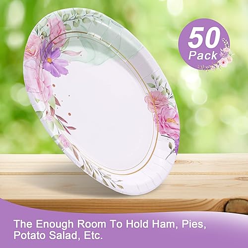 Miniatura 5 de Tyzarglef 50 platos de papel ovalados florales de 10 x 125 pulgadas platos grandes desechables para servir cenas de primavera Pascua Día de la Madre