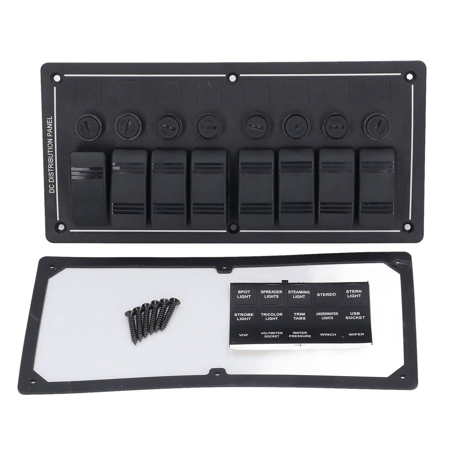 8 Gang Rocker Switch Panel with Overload Protector Compatible with 12V RV Marine Boat Yacht and Truck - Aluminum Alloy Pre Wired Control Unit with IP65 Rating and Labels