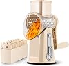 SUSTEAS Cheese Grater with Crank - Grater for Vegetables with 5 Drum Blades Strong Suction Base Vegetable Cutter Ideal for Cheese Cucumbers Carrots Nuts Vegetables etc. with Blade Storage Box (Beige)