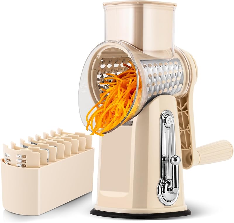 SUSTEAS Rotary Cheese Grater 5 Blades,Kitchen Mandoline Vegetable Slicer | Easy to Clean,Strong Suction Base,Blades Storage Box,Round Mandoline Slicer&Food Chopper for Vegetable,Salad,Nut,Beige