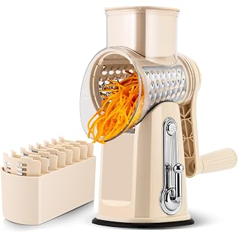 SUSTEAS Cheese Grater with Crank - Grater for Vegetables with 5 Drum Blades, Strong Suction Base, Vegetable Cutter, Ideal for