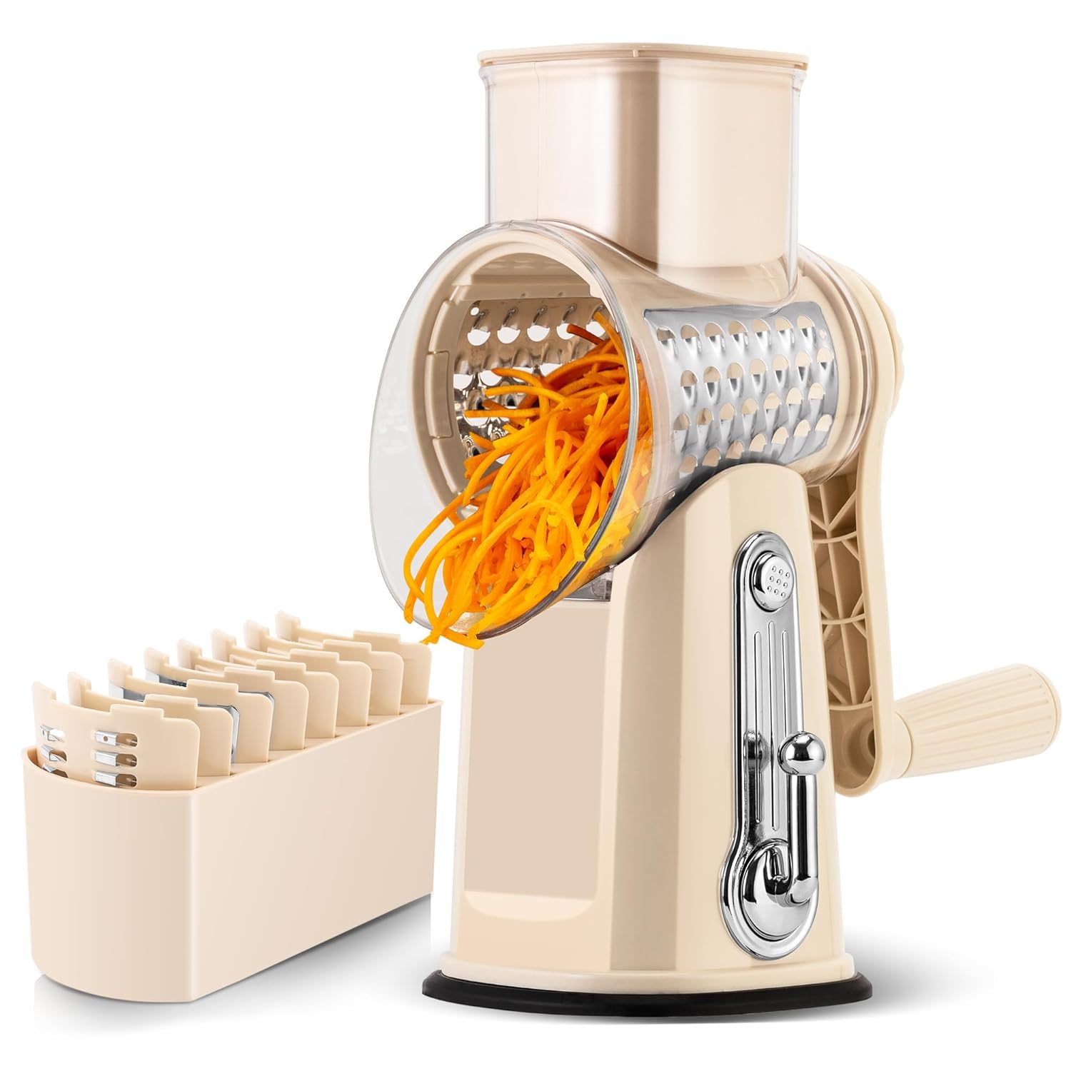 SUSTEAS Rotary Cheese Grater with Handle - Vegetable Shredder with 5 Well-designed Blades Strong Suction Base Round Mandoline