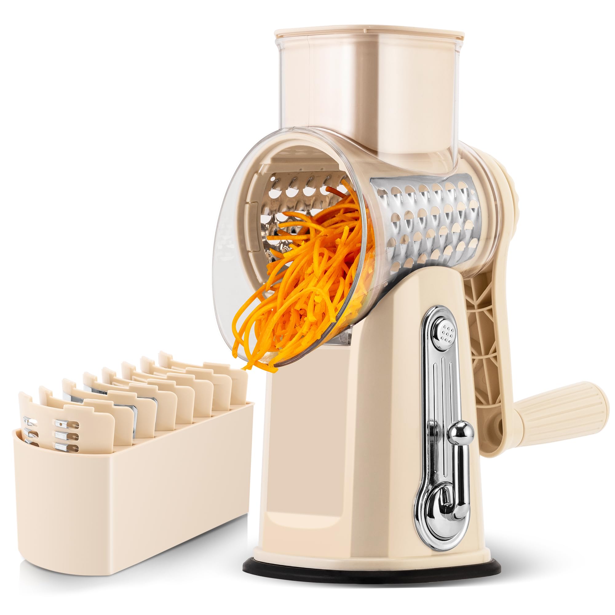 Rotary Cheese Grater with Handle - Vegetable Shredder with 5 Well-designed Blades & Strong Suction Base,Round Mandoline Slicer & Food Chopper for Kitchen,with Blade Storage Box(Beige)