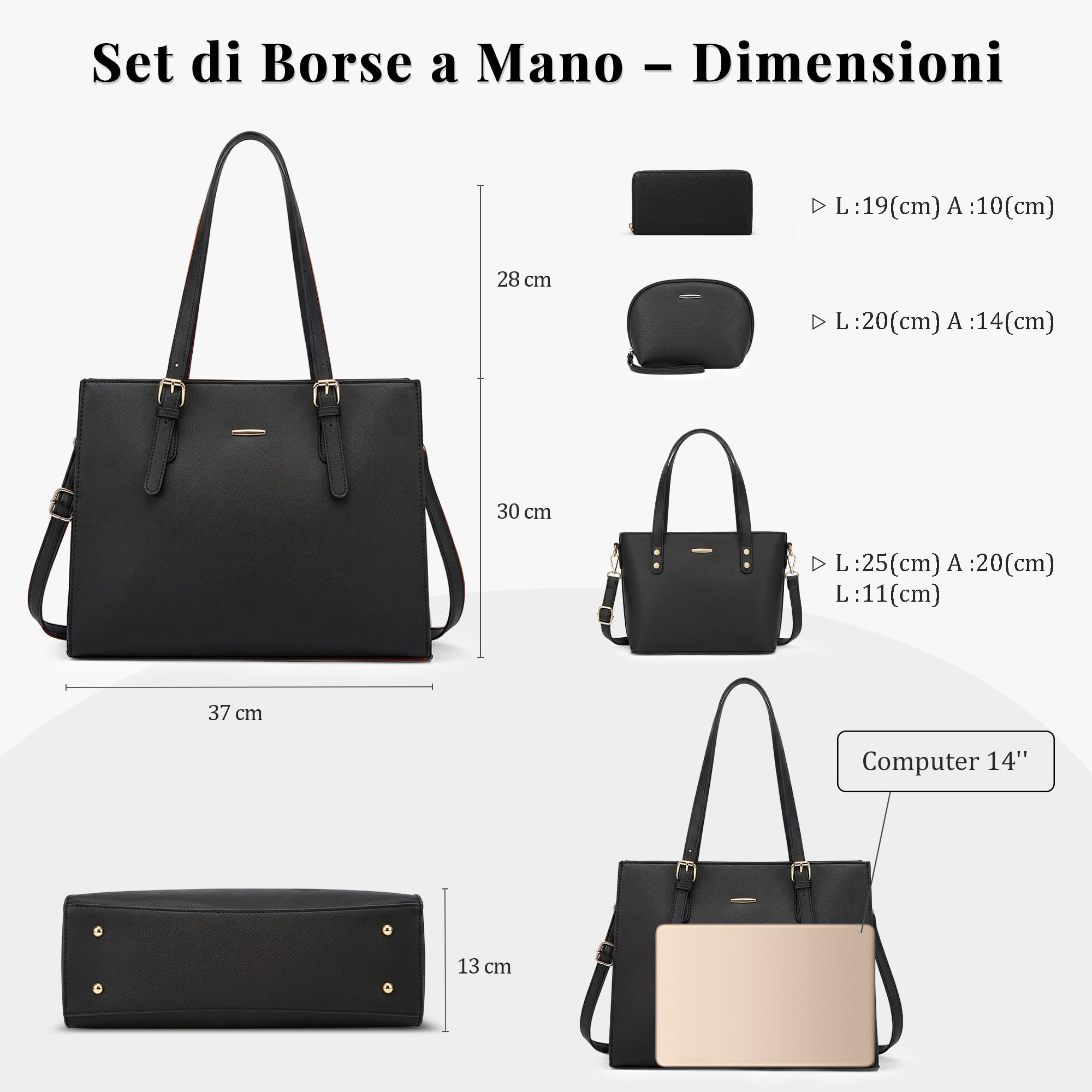 Elegante Borsa a Mano Donna Set 4 Pezzi Antifurto Borsa a tracolla Borsa Pochette Portacarte Borsa Manico Superiore Moda per Vacanze Lavoro Viaggio Festa Impermeabile PU Pelle Nero