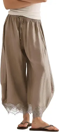  Women's Cropped Lace Hem Pants High Waist Drawstring Wide Leg Pants