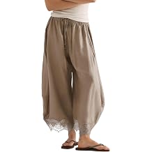 PUWEI Womens Cropped Lace-Hem Pants High Waisted Drawstring Wide Leg Pants Casual Lightweight Trousers with Pockets