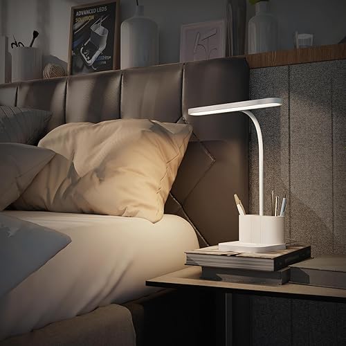 Miniatura 2 de AXX Lámpara de escritorio blanca para dormitorio universitario, bonita, LED, regulable, pequeña, soporte para bolígrafos, cuello de cisne flexible,