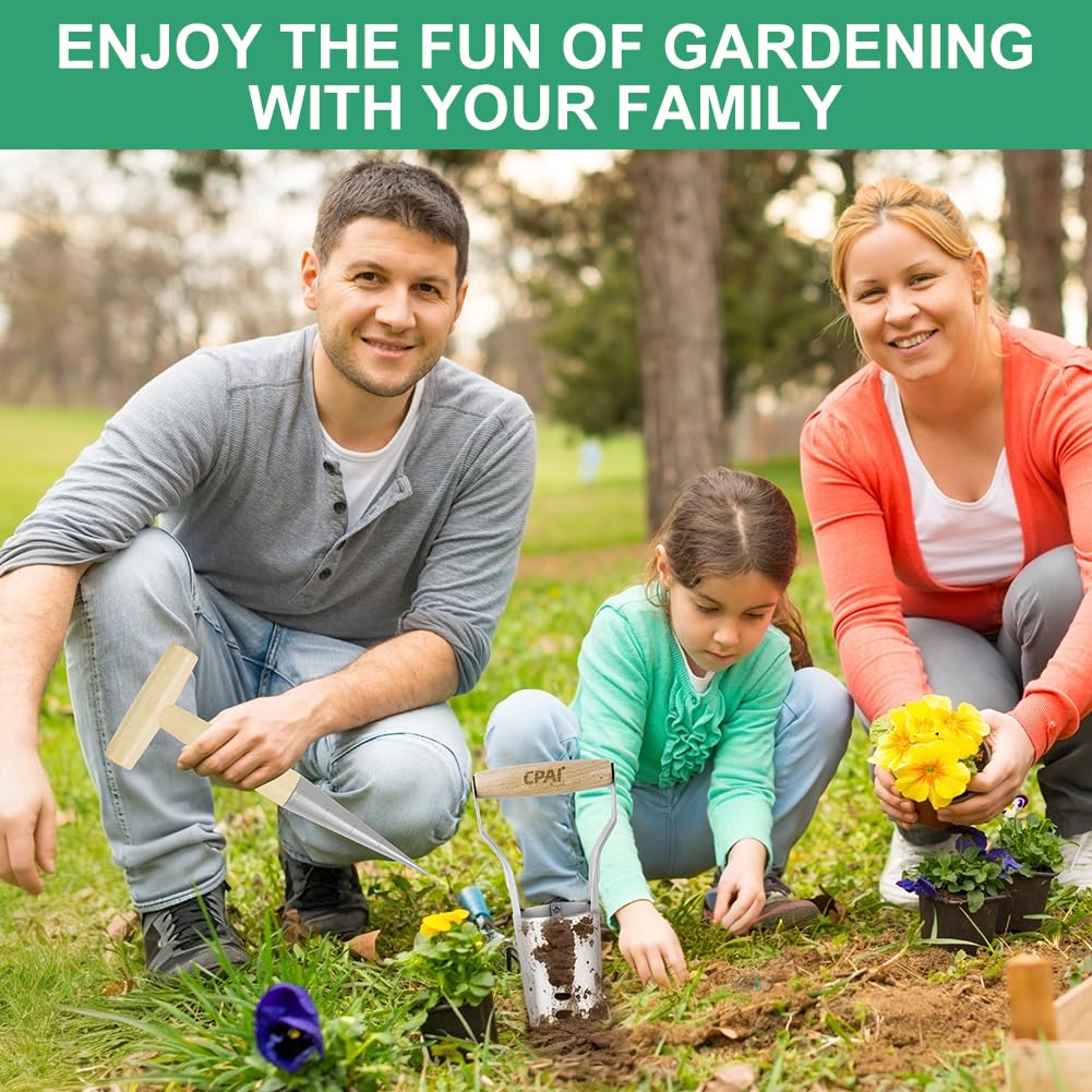 Outil de Perforation de Jardin, Plantoir à Bulbes avec Pointe en Fer Chromé et Manche en Bois Solide, Outil de Jardinage avec Graduation et Manche en Bois, Perforatrice + Repiqueuse de Semis