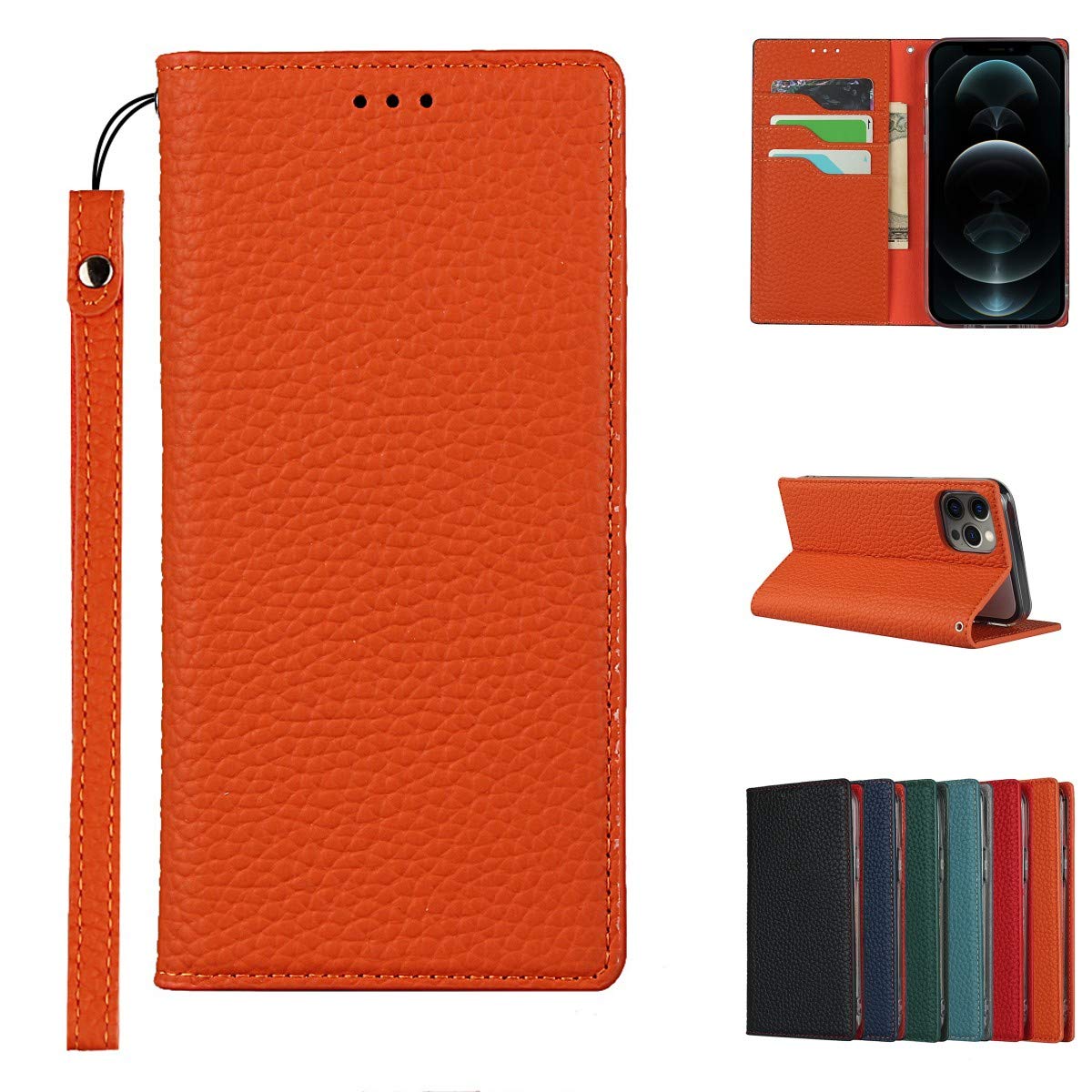 Case Compatible for iPhone 12 Pro Max,Premium Genuine Leather Flip Wallet Case,[3 Card Holders][Magnetic][RFID-Blocking],Protective Case Cover for iPhone 12 Pro Max - Orange