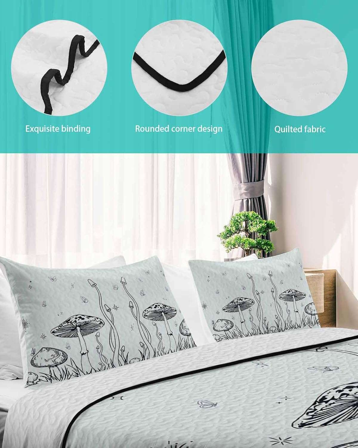 Mushroom Twin Size Down Alternative Comforter, Lightweight Comforter Quilt Bedding Set with Pillow Shams,All Seasons Bed Comforter Duvet Insert Kids Cartoon Star Sping Summer Leaves 68"x86"