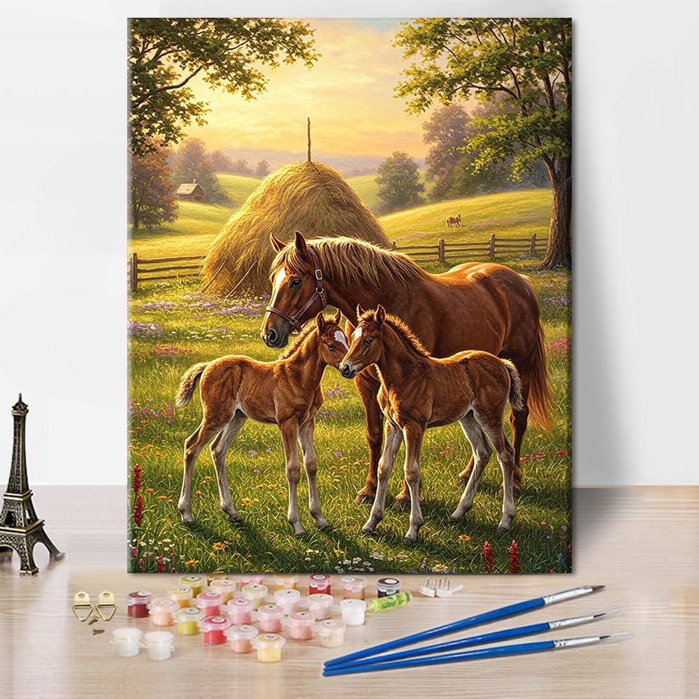 TISHIRON Animal Paint by Numbers, Horse Two Foals in Foreground in Half with Haystack Paint by Number with Brushes and Pigment, DIY Art Crafts Canvas Oil Painting, 16x20 Inch