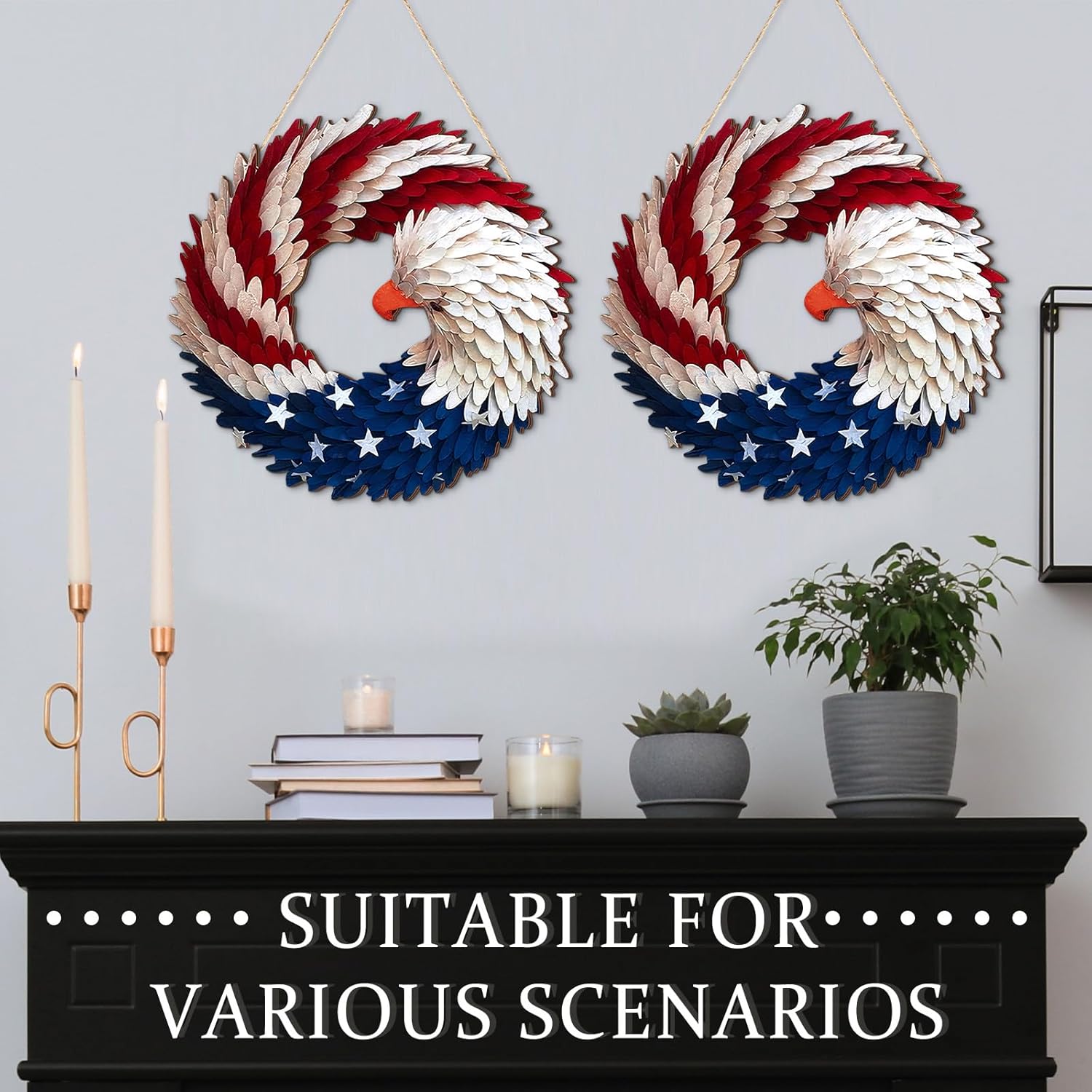 2 Pcs 4th of July Hanging Door Sign 2D 250th Anniversary Eagle Wreath Decorations Patriotic Door Hanger American Rustic Wooden Plaque for Wall Front Porch Memorial Day Decor - Image 2