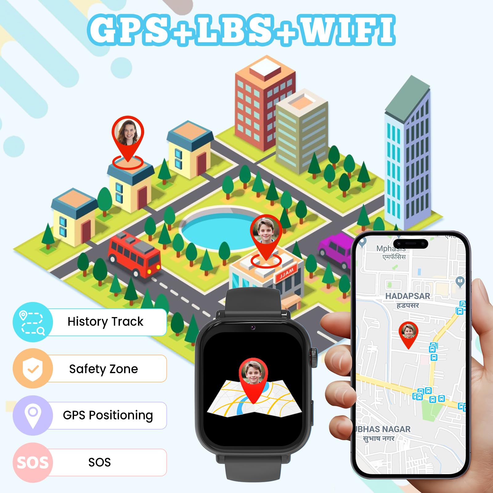Smartwatch für Kinder mit 4G Videoanruf, Voice Chat, Anruffunktion, Schulmodus, GPS, Spiele, Wecker, 2x Uhrarmband‌, Telefonuhr Uhr Kinder Geschenk für Mädchen Jungen 4-12 Jahren (Schwarz-A5)
