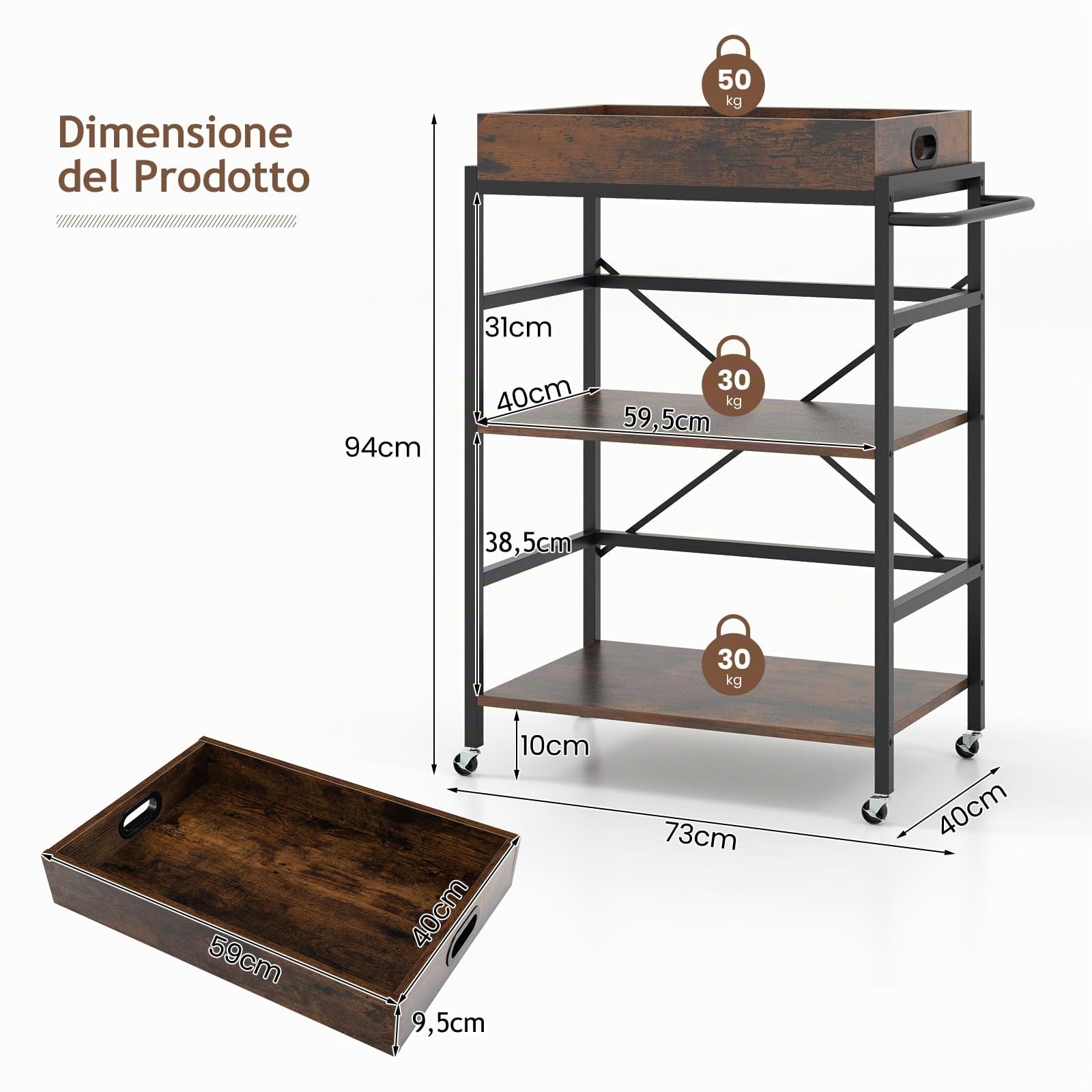 RELAX4LIFE Carrello da Cucina, Carrello da Servizio a 3 Ripiani con Vassoio Rimovibile e Ruote Universali, Carrello Industriale per Cucina, Sala da Pranzo, Soggiorno, Bar, Marrone Rustico e Nero