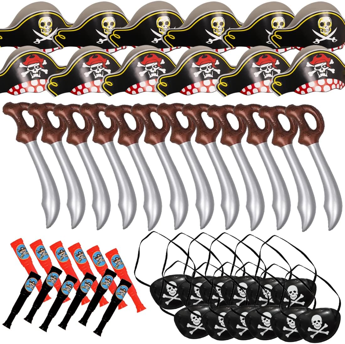 Funny Party Hats Pirate Party Set - Pirate Birthday Party - Pirate Supplies - 12 Pirate Hats Patches Swords Telescopes, One Size