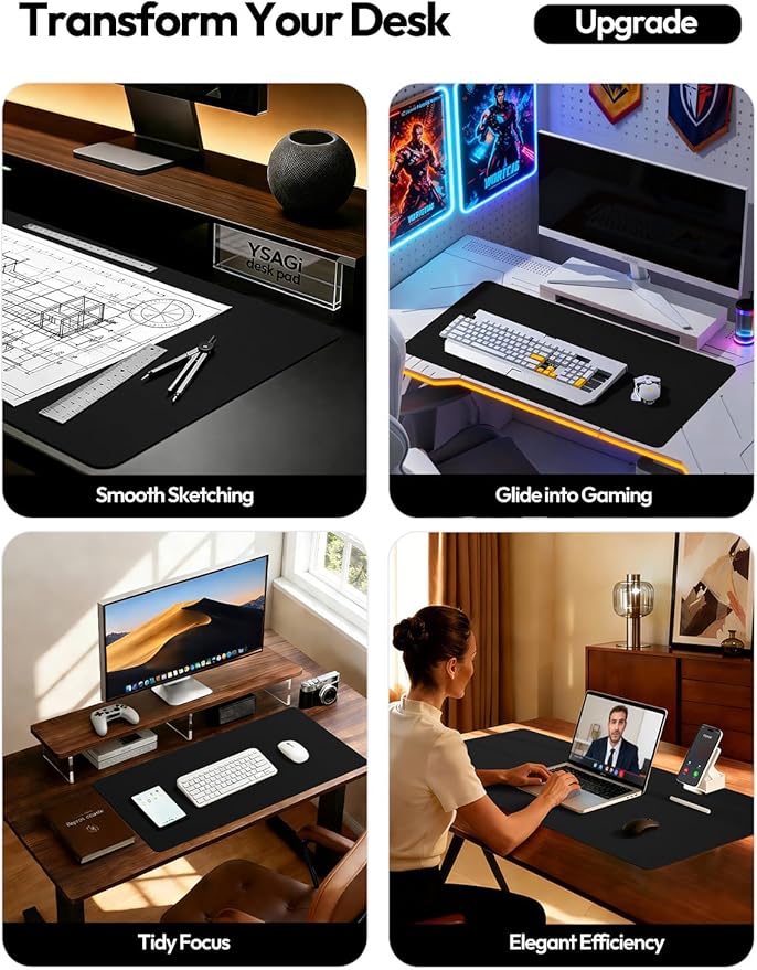 YSAGi Protector de Escritorio de Cuero Sintético, Pad Mouse Grande, Antideslizante, Negro miniatura 3