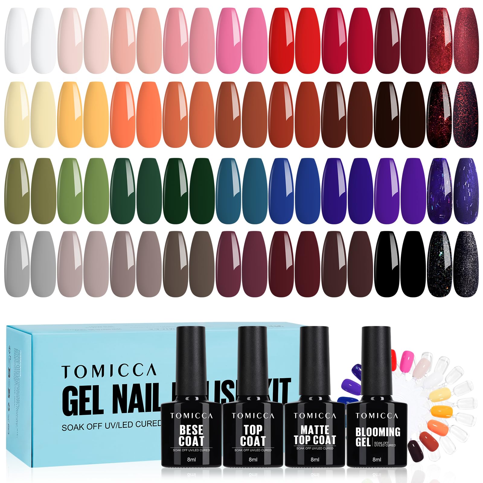 TOMICCA 40PCS UV Nagellack Set, 36 Farben Rot Braun Schwarz Blau Herbst & Winter Farben Gel Nagellack & 4PCS Base Top Coat Set mit Blooming Gel & Rund Nagel Display, für Nagelstudio & DIY Home