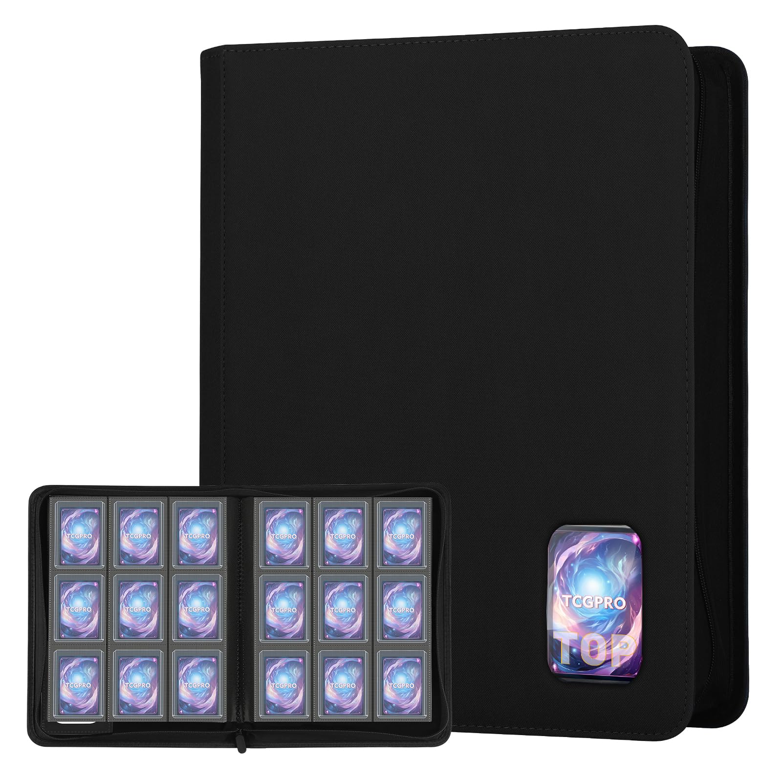 TCGPRO Toploader Binder mit Sichtfenster für 360 Karten in 3"x4" Rigid Hüllen, Toploader Album mit 9 seitliche Pocket und Reißverschluss, kompatibel mit MTG, TCG, Sports Cards etc. Schwarz