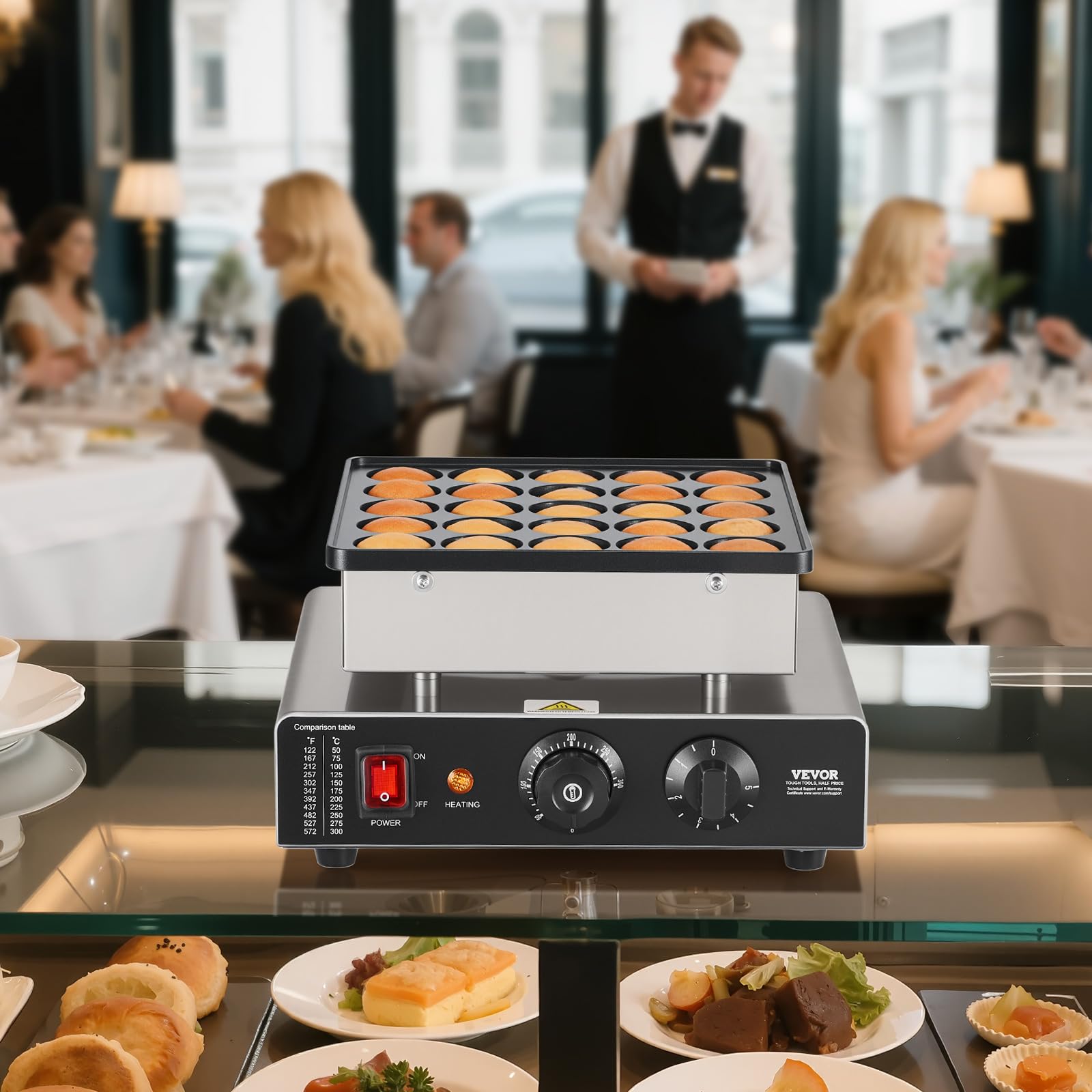 VEVOR Mini Crêpière Électrique, Appareil à Pancakes Capacité 25PCS de 43 mm de Diamètre, Machine à Poffertjes Dorayaki Grille Antiadhésive en Inox, Contrôle de la Température et du Temps, Cuisine