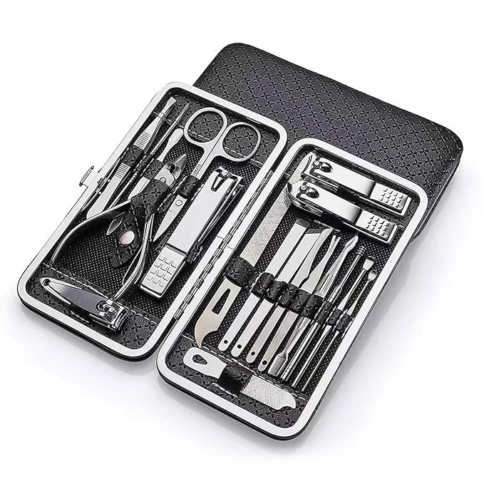 19-in-1 Nail Clippers & Manicure Pedicure Set for Men, Stainless Steel Professional Grooming Kit with Black Leather Case, Complete Nail Care Tools