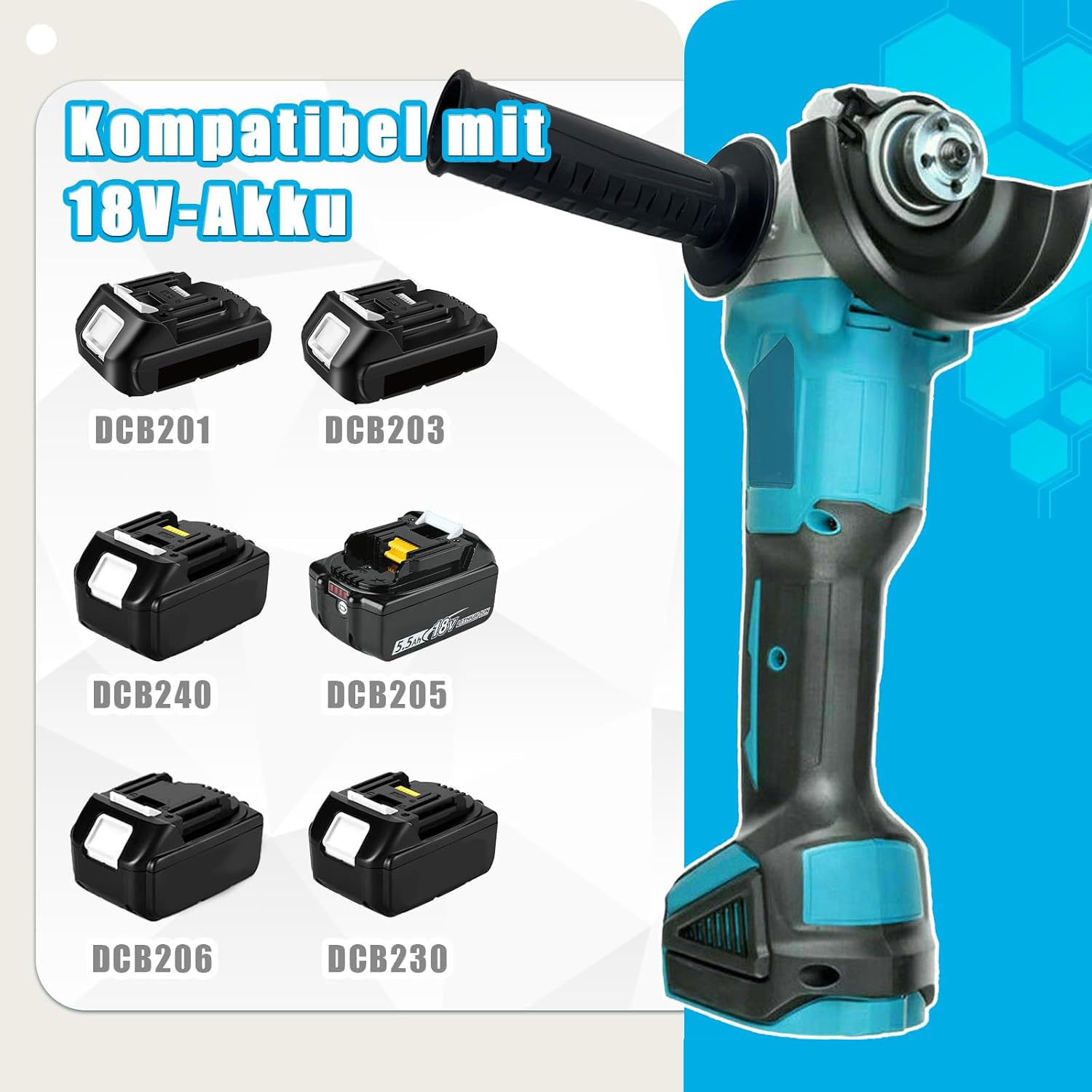 Bürstenloser Akku Winkelschleifer Ø125mm 10000 U/min für 18V Makita Akkus - Akku Flex Trennschleifer Komplett-Set mit 2x 5500mAh Akkus & Ladegerät - Zum Schneiden, Schleifen, Polieren