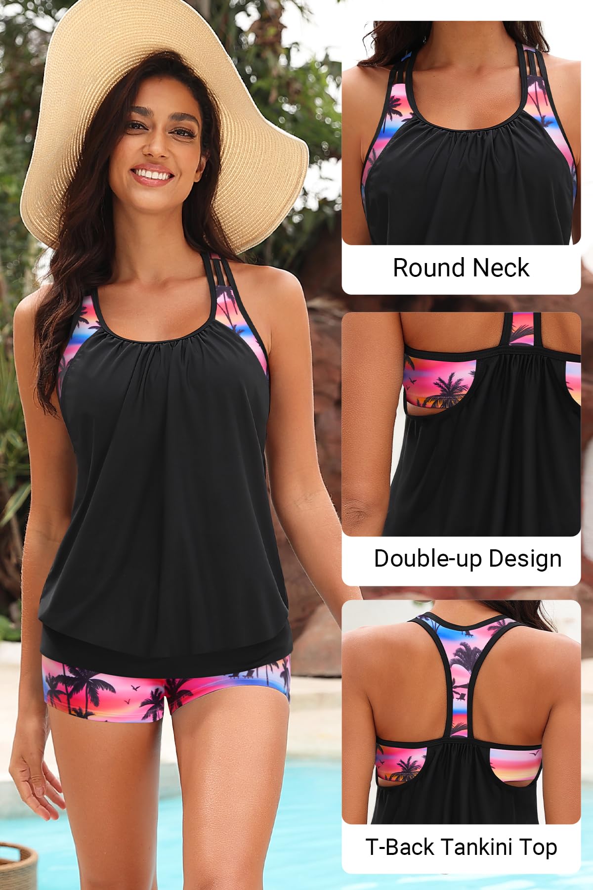 Yonique Zweiteiliger Tankini-Badeanzug, T-Rücken, Blouson, Badeoberteil mit Jungen-Shorts, Damen-Badeanzüge, sportliche Bademode
