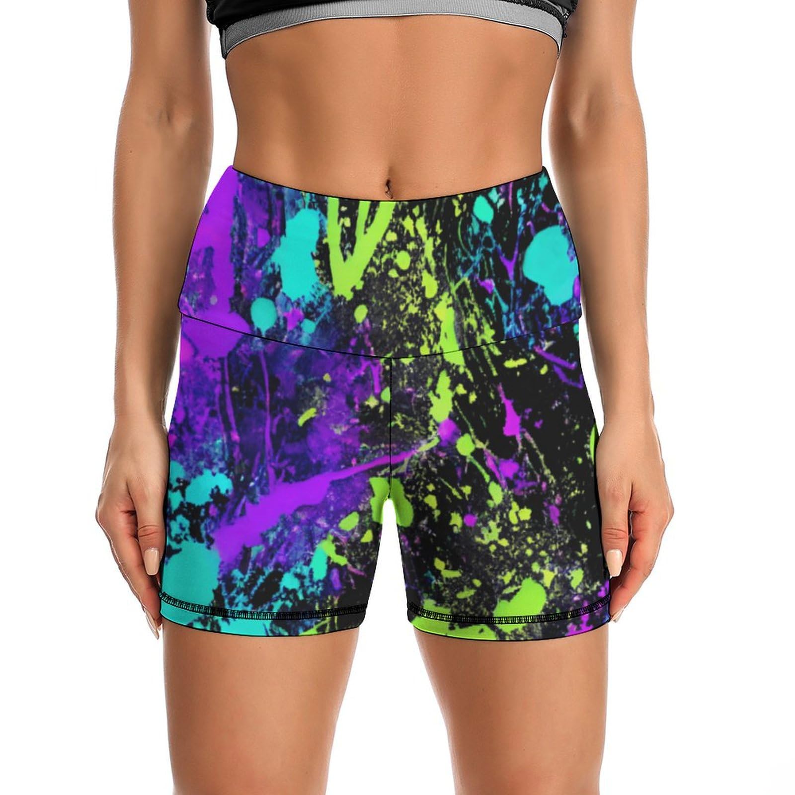 Glow in Dark Splatter Neon High Waist Yoga Shorts for Women Athletic Shorts Leggings Running Pants