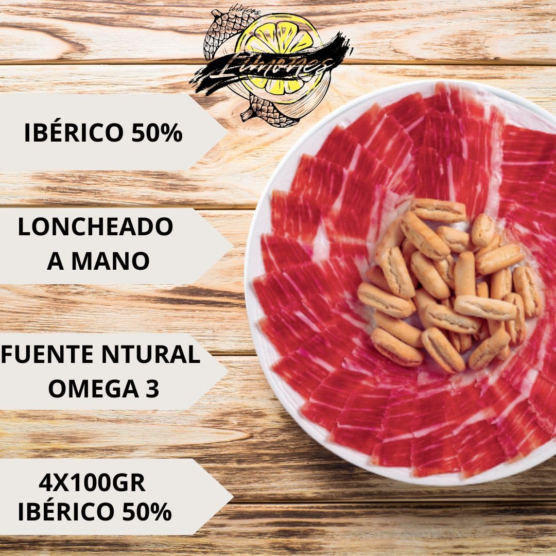 Ibéricos Limones – Pack Jamón Ibérico de Bellota 50% Cebo de Campo – 4 Sobres de 100g Cortados a Cuchillo – Curación 24 Meses – Valle de Los Pedroches – Estuche Gourmet Sin Gluten ni Lactosa - Regalo