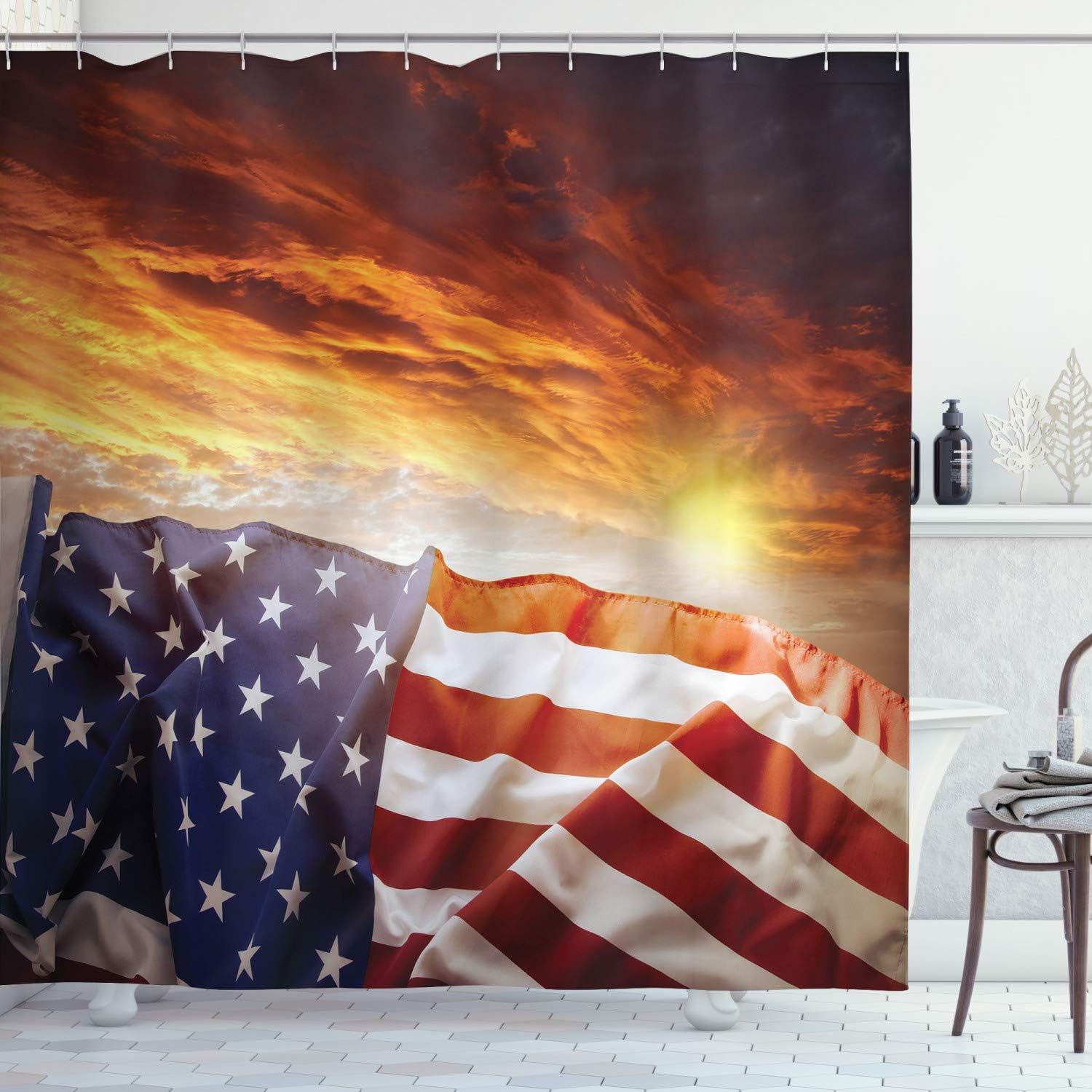 Ambesonne American Flag Shower Curtain, Banner in Front of Sunset Sky Horizon America Union Idyllic Photograph, Cloth Fabric Bathroom Decor Set with Hooks, 69" W x 75" L, Burnt Sienna Night Blue White