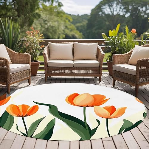 Miniatura 4 de Round Rugs 8ft, Orange Tulip Non-Slip Area Rugs for Living Room Bedroom Entryway, Watercolor Retro Elegant Botanical Washable Carpet Runner Rug for