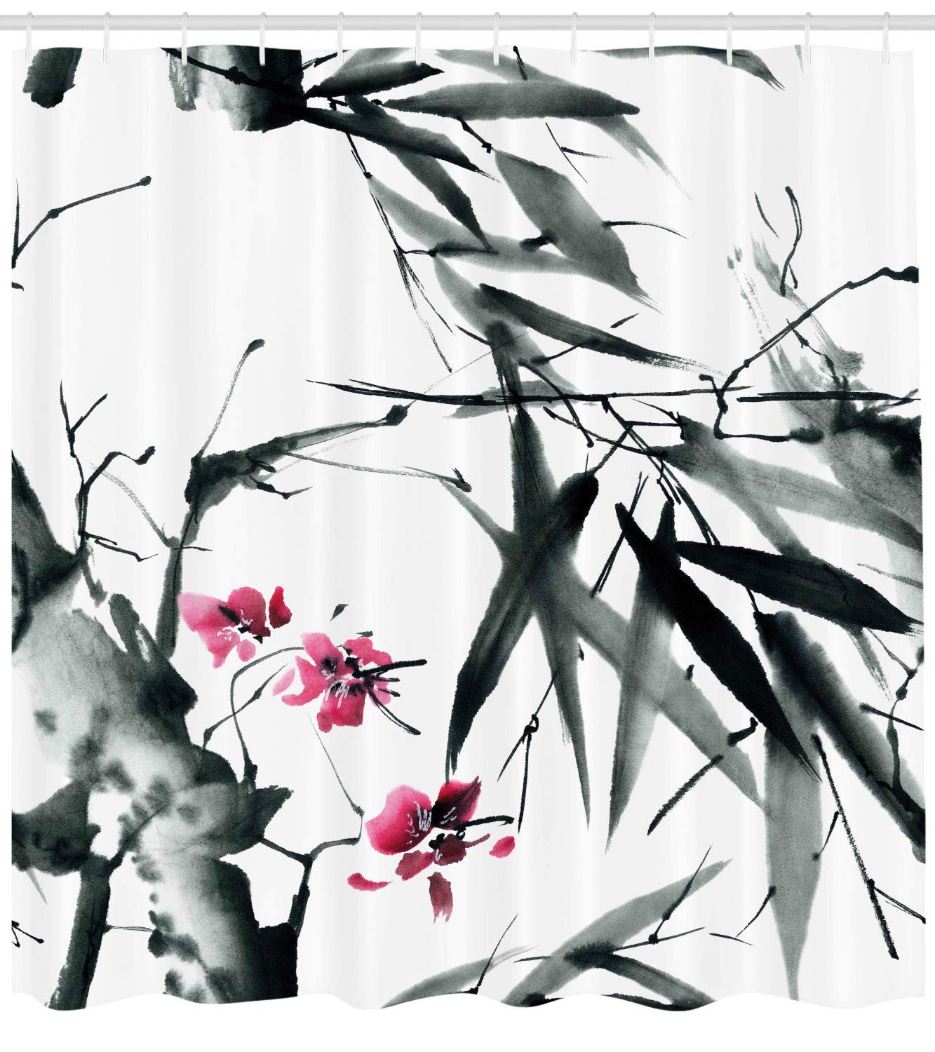 ABAKUHAUS Japanese Shower Curtain, Natural Bamboo Stems Cherry Blossom Japanese Inspired Folk Print - Image 2