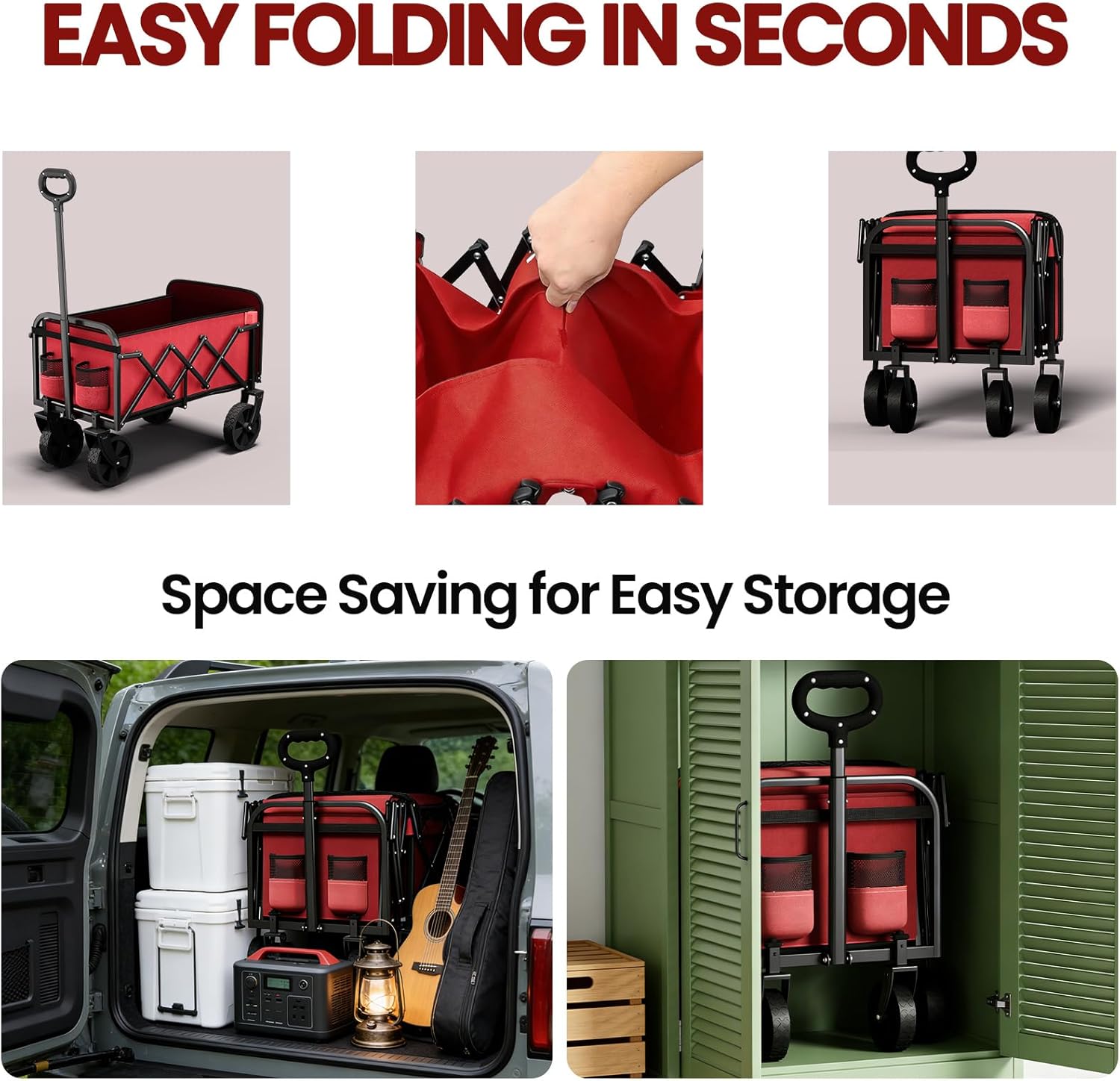 Collapsible Wagon with Wheels, Wagons Carts Foldable, Lightweight Portable Utility Shopping Cart, 360lbs Folding Grocery Wagon Carts with Flexible Handle, for Camping, Shopping, Garden, Sports