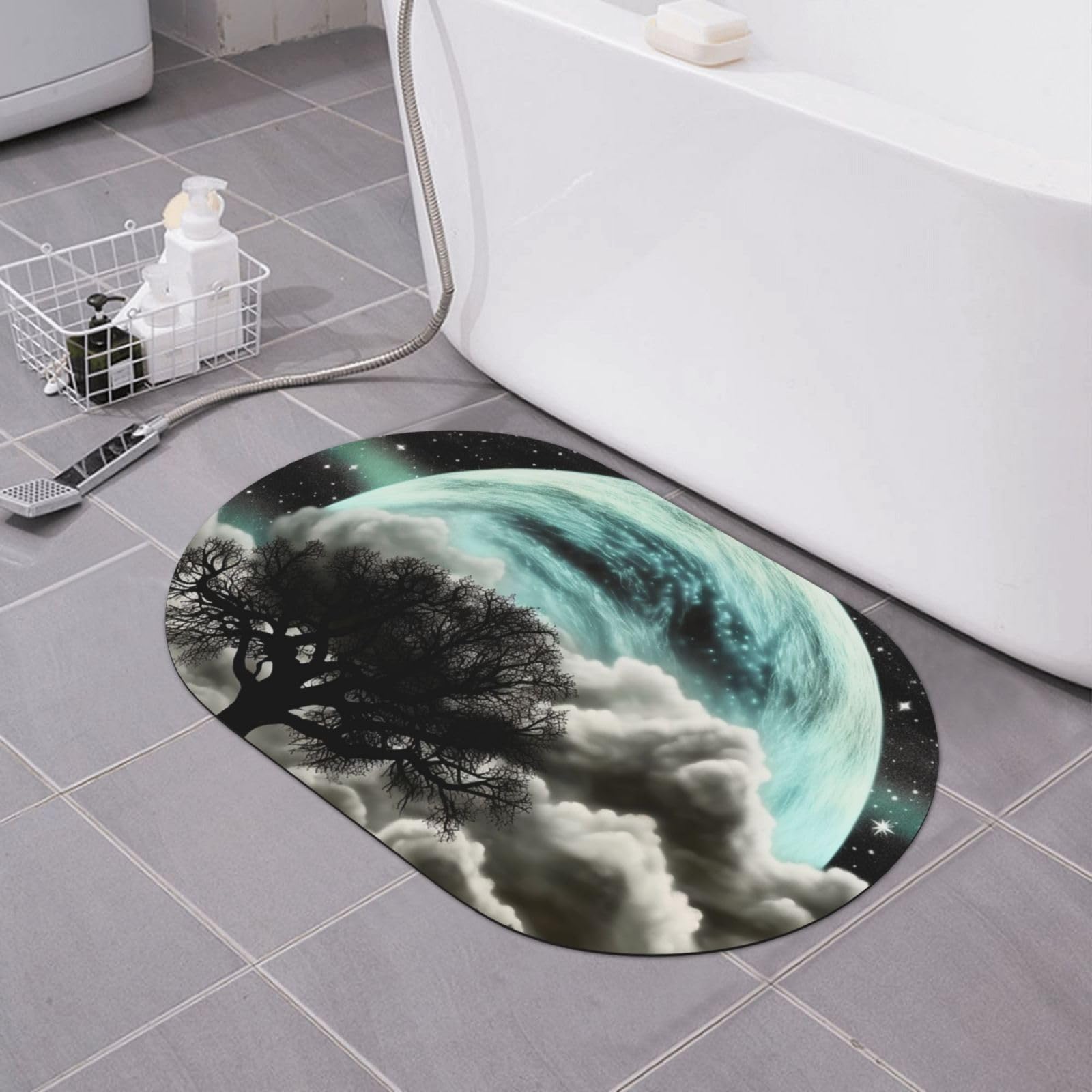Paillasson noir de douche antidérapant au design arbre étoilé