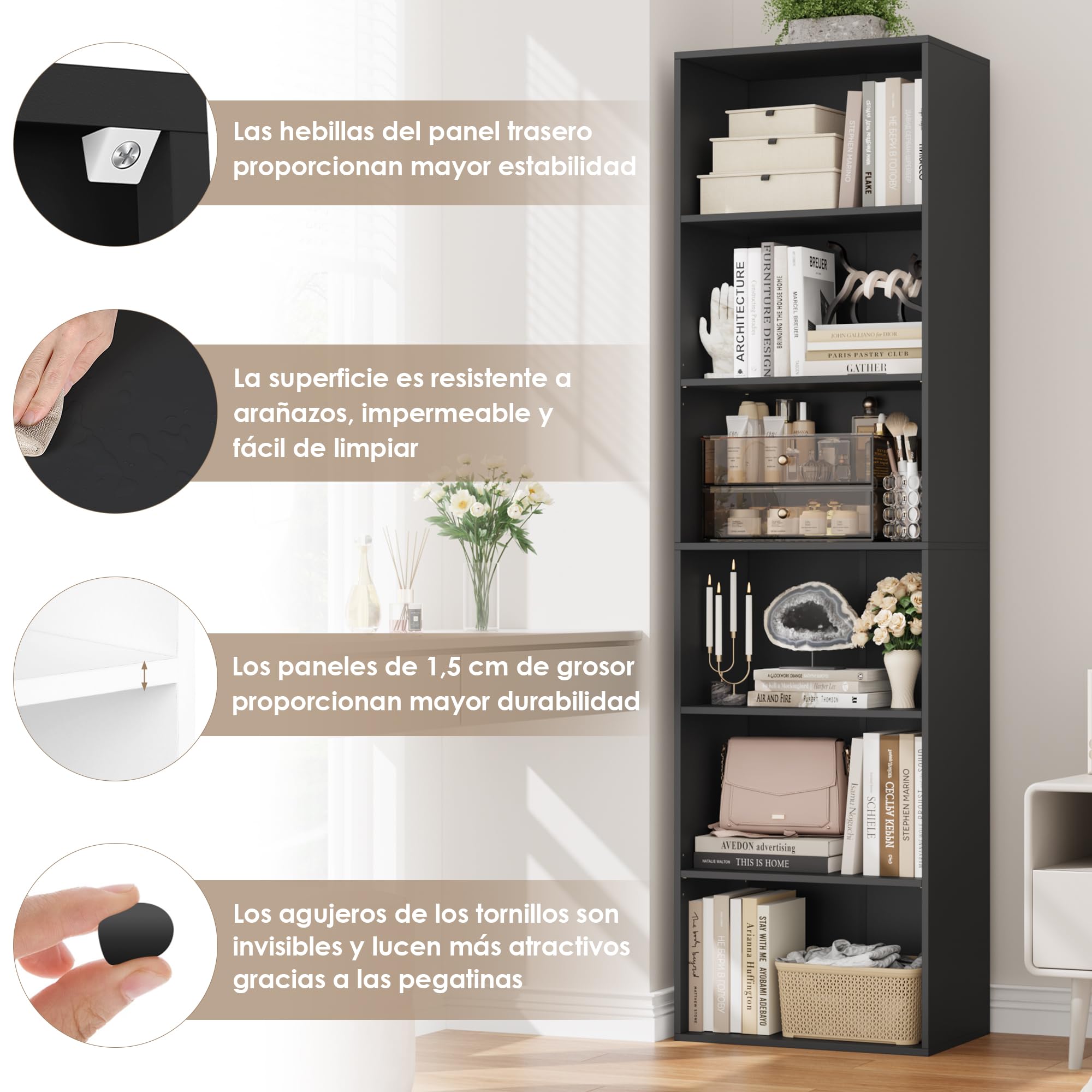 FirFurd Estantería Libros Sinfonier Alto Librería Madera, 6 Compartimentos | Librería Estantería, Biblioteca, Estanterias Almacenaje, Estrecha y Alta, para Salón Oficina Dormitorio Negro 48x30x191Al.cm