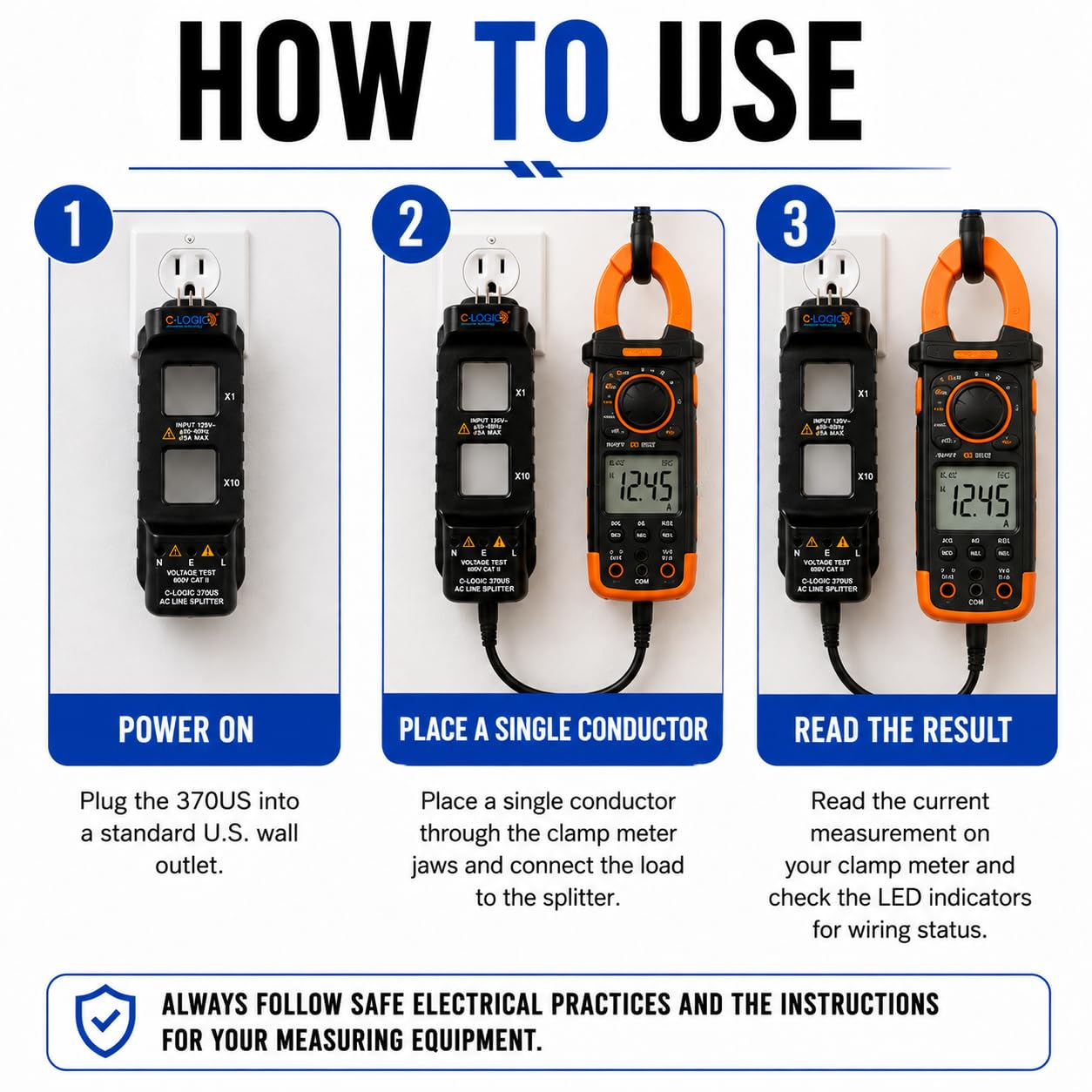 C-Logic 370US AC Line Splitter with LED Outlet Wiring Indicator | Measure current at wall outlets with a clamp meter while LED indicators help identify common wiring faults.