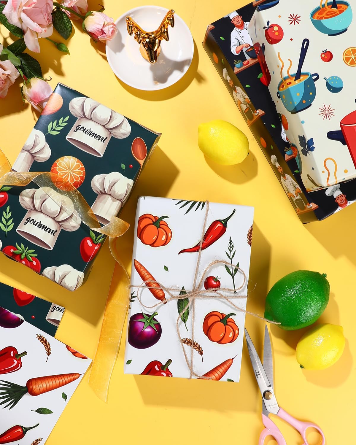 Pineraap 12 Sheets Chef Cooking Wrapping Paper, Vegetable Cooking Theme Gift Wrap Paper for Baker, Tomato, Chef Design Folded Flat Art Paper for Birthday, Kitchen Gifts, DIY Crafts, 19.7 x 27.6 Inch image 5