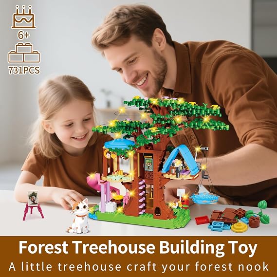 Treehouse Building Set Compatible with Friends, 731PCS Girls Forest Tree House Building Kit Toys with LED Light, Cat, Slide and Sky Hammock, Christmas Birthday Gifts for Kids Girls 6-12 Years Old