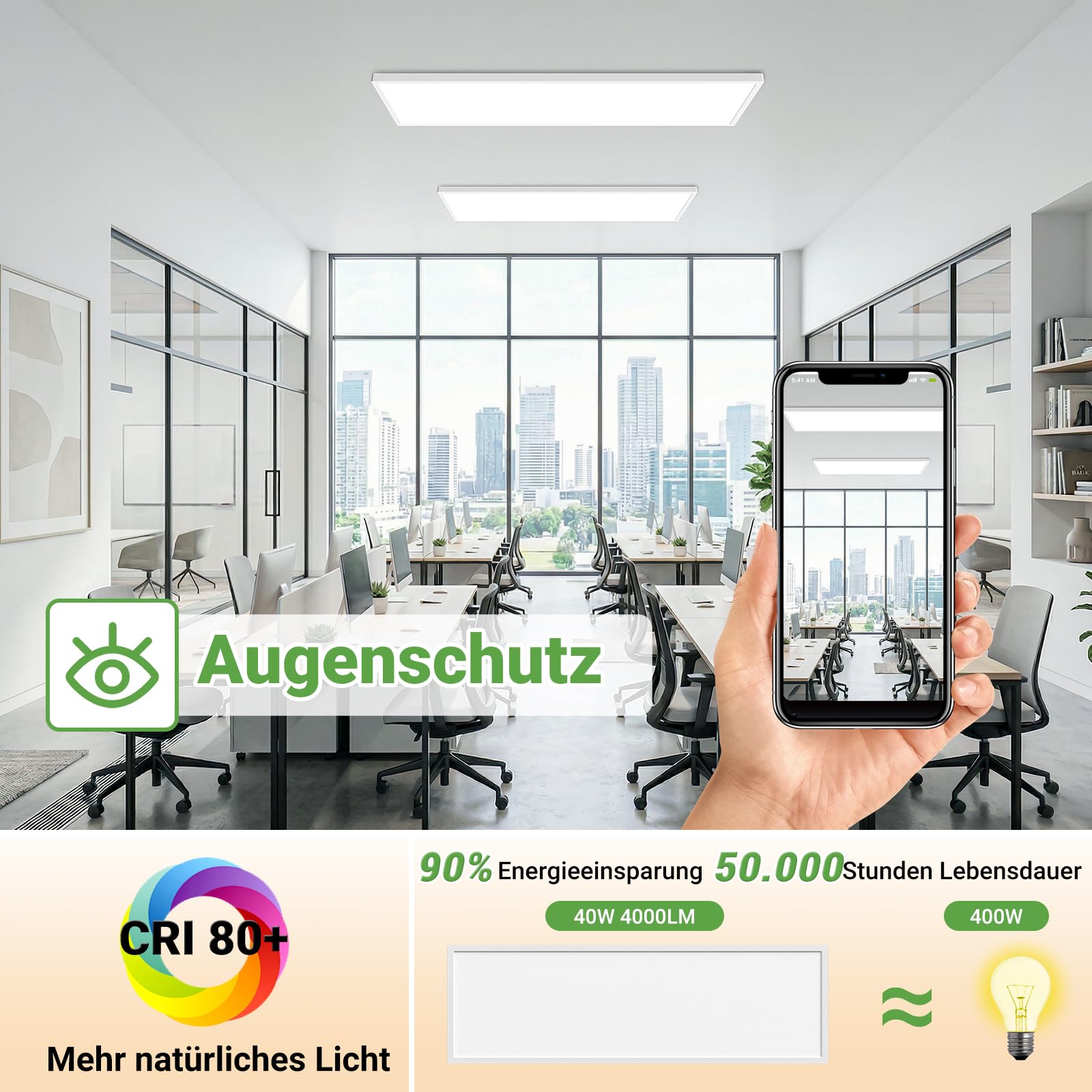 zemty LED Panel Deckenleuchte 80x25 cm, 40W 4000LM Deckenlampe Flach mit Fernbedienung Dimmbar, 3000-6000K Tageslichtlampe Decke Lang für Küche Schlafzimmer Wohnzimmer