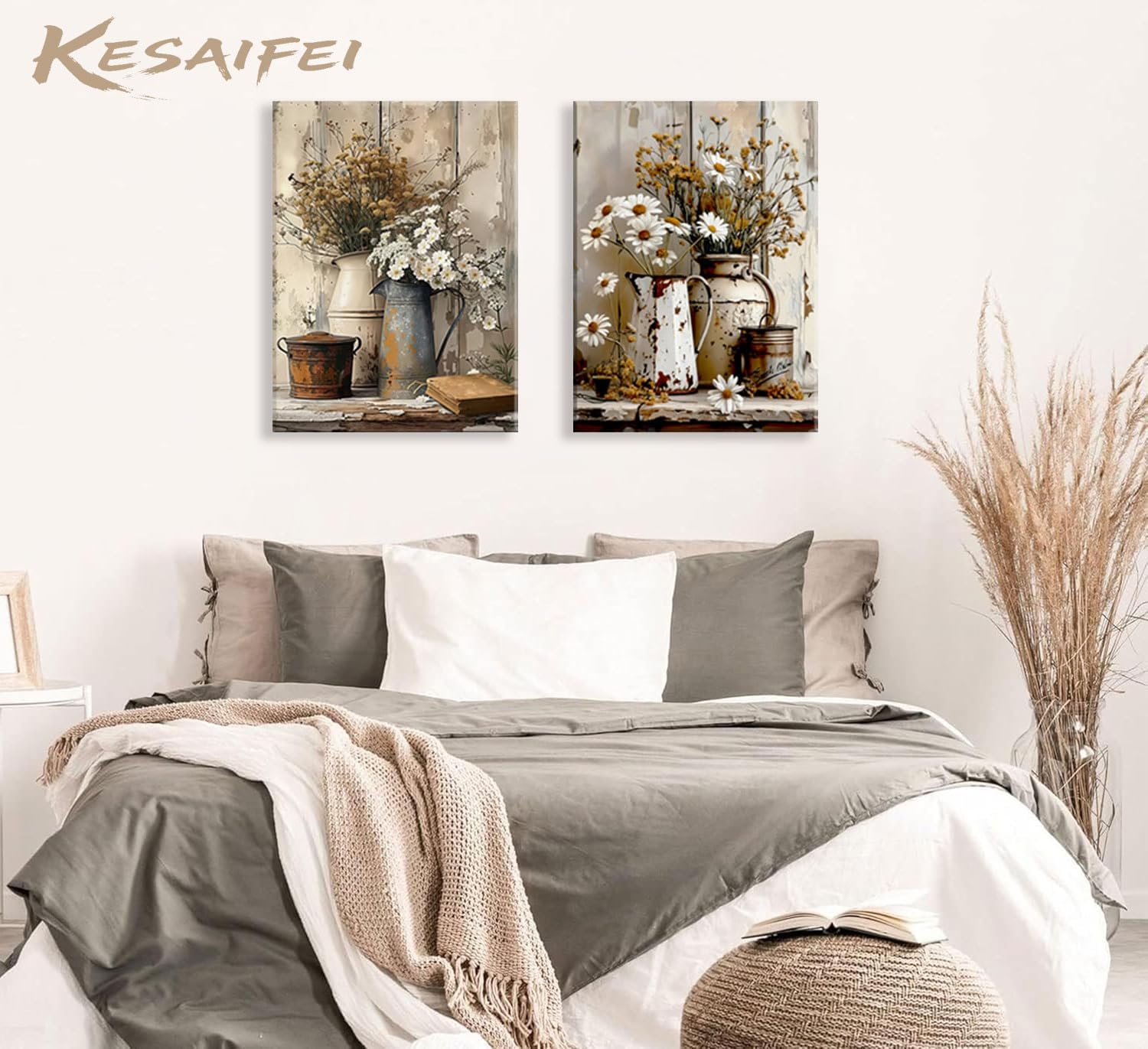 KESAIFEI 2 Piece Vintage Canvas Wall Art Country Farmhouse Daisy Flower, White Daisy, Nature Theme Art Prints for Bathroom Bedroom Living Room Country Wall Decor Ready to Hang 12x16 Inches.