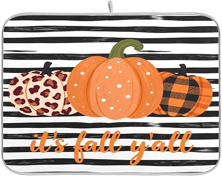 Kcldeci Autumn Dish Drying Mat for Kitchen Counter Dish Drying Pad Dish Mat, Black Stripe Its Fall Yall Buffalo Plaid Drying Mat for Coffee Machine Dish Rack 18x24